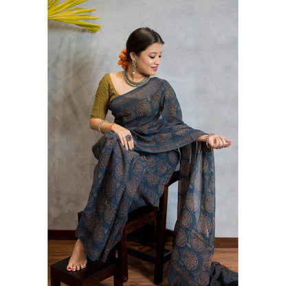 The Indian Ethnic Co. Ajrakh Natural Dyed Kota Doria Saree with Unstitched Blouse