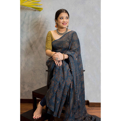 The Indian Ethnic Co. Ajrakh Natural Dyed Kota Doria Saree with Unstitched Blouse