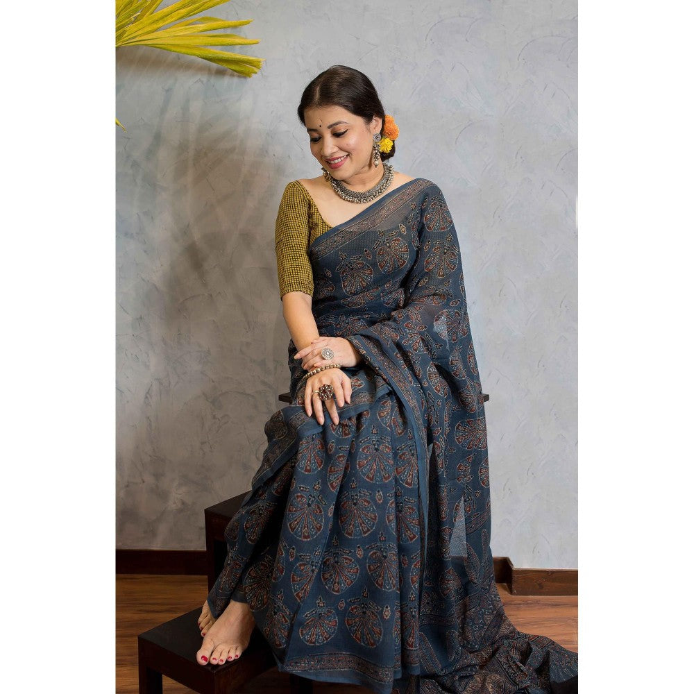 The Indian Ethnic Co. Ajrakh Natural Dyed Kota Doria Saree with Unstitched Blouse