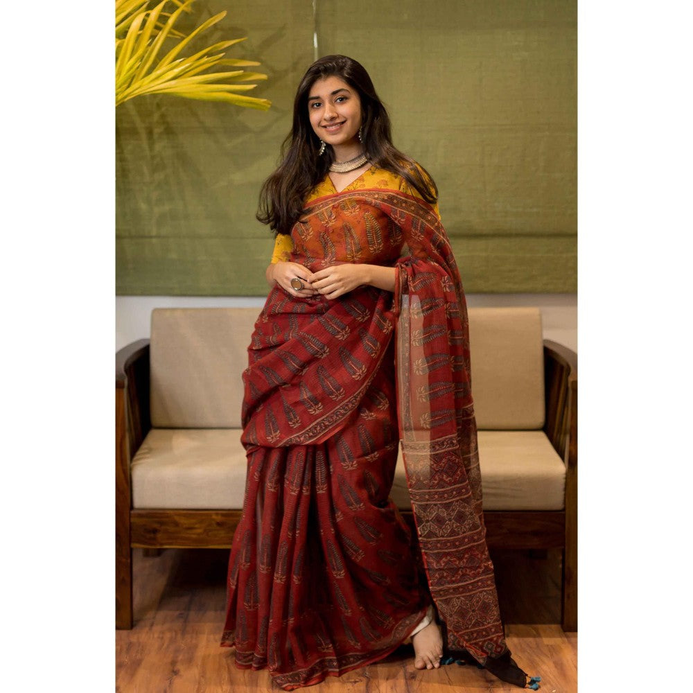 The Indian Ethnic Co. Ajrakh Natural Dyed Kota Doria Saree with Unstitched Blouse