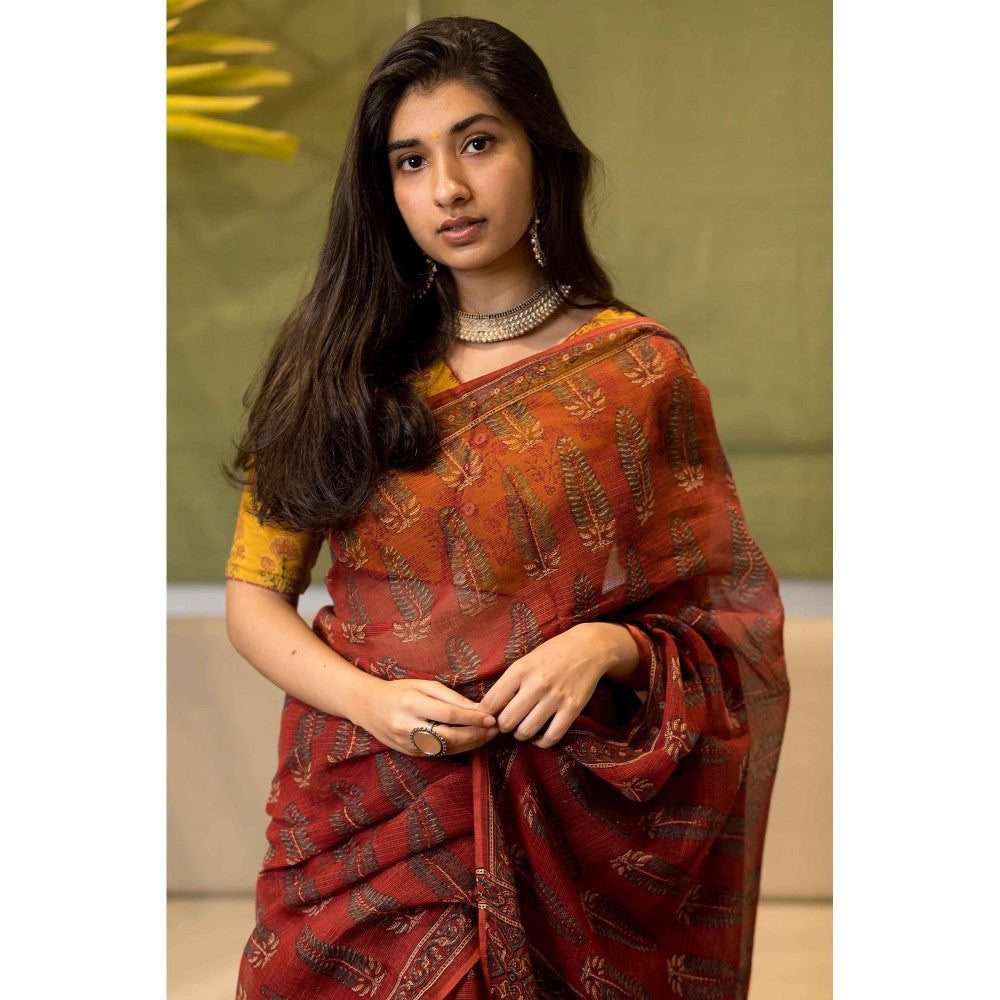 The Indian Ethnic Co. Ajrakh Natural Dyed Kota Doria Saree with Unstitched Blouse