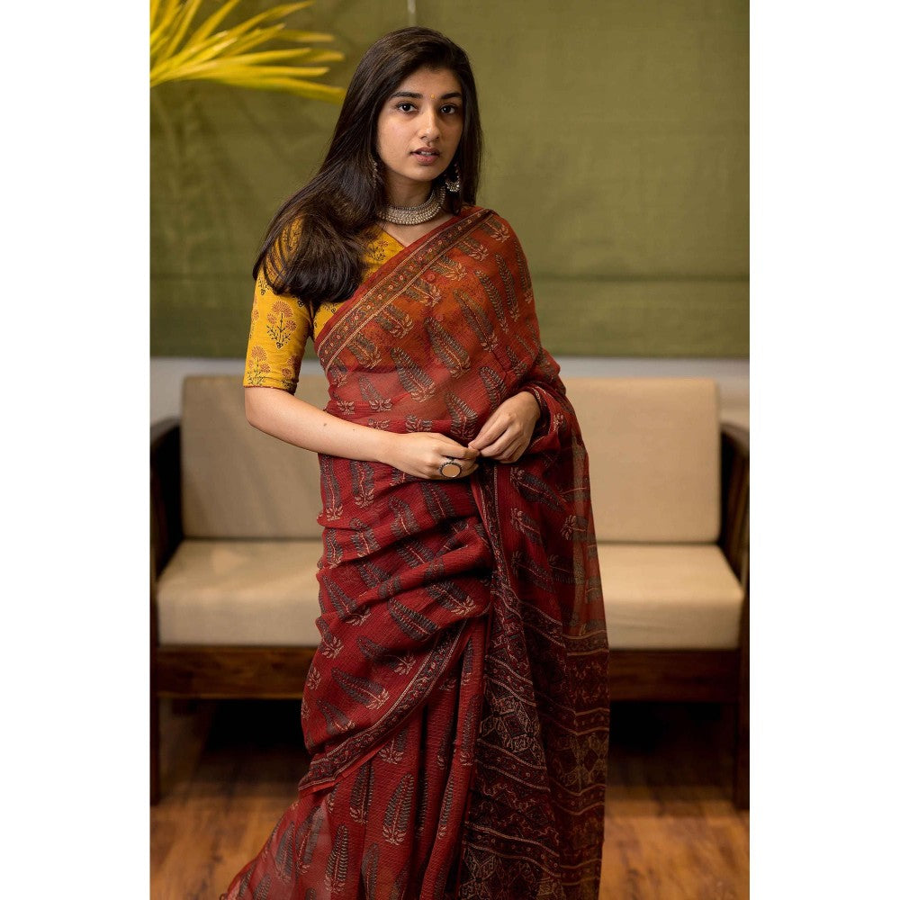 The Indian Ethnic Co. Ajrakh Natural Dyed Kota Doria Saree with Unstitched Blouse