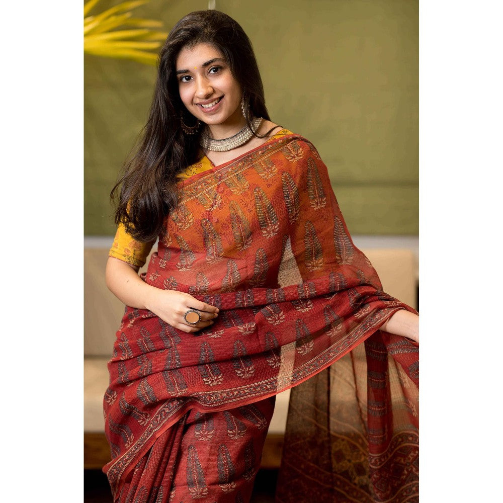 The Indian Ethnic Co. Ajrakh Natural Dyed Kota Doria Saree with Unstitched Blouse
