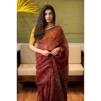 The Indian Ethnic Co. Ajrakh Natural Dyed Kota Doria Saree with Unstitched Blouse