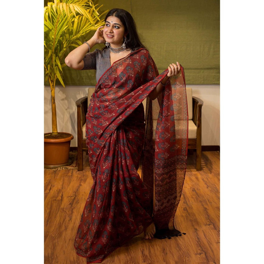 The Indian Ethnic Co. Ajrakh Natural Dyed Kota Doria Saree with Unstitched Blouse