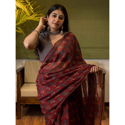 The Indian Ethnic Co. Ajrakh Natural Dyed Kota Doria Saree with Unstitched Blouse