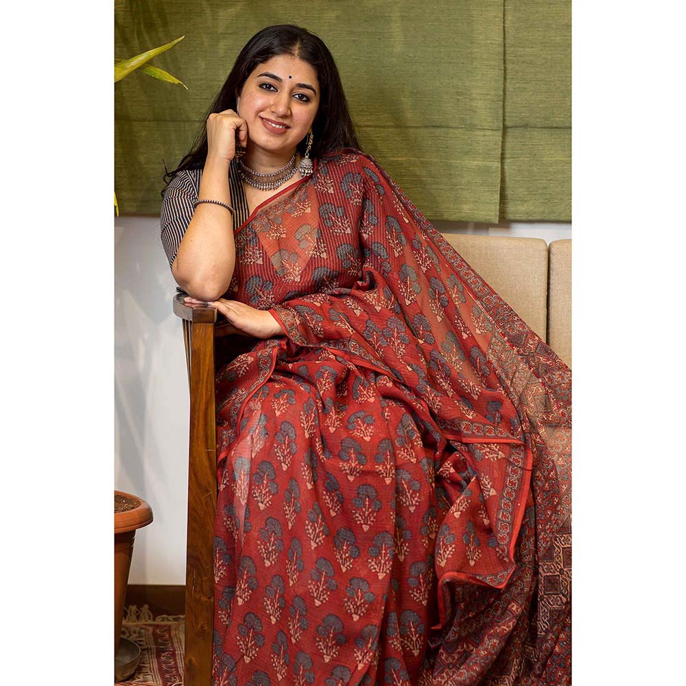 The Indian Ethnic Co. Ajrakh Natural Dyed Kota Doria Saree with Unstitched Blouse