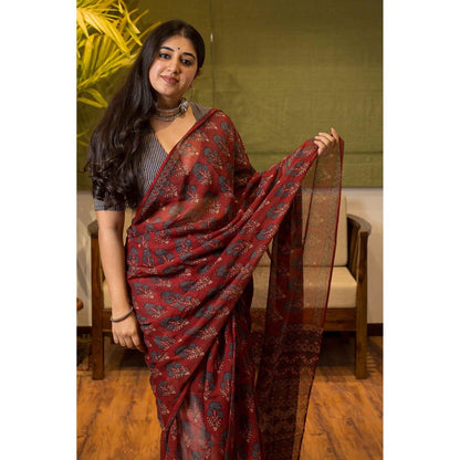 The Indian Ethnic Co. Ajrakh Natural Dyed Kota Doria Saree with Unstitched Blouse
