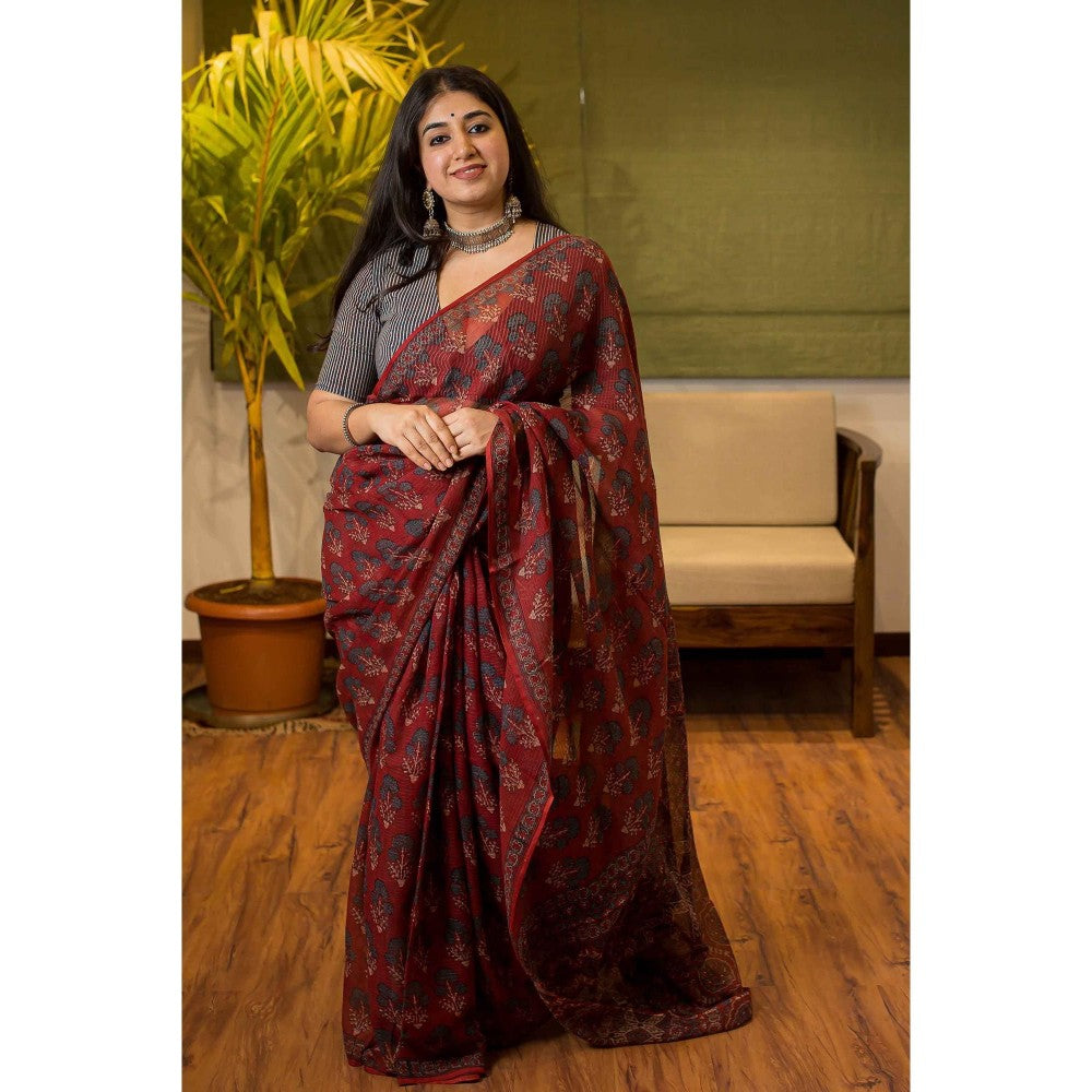 The Indian Ethnic Co. Ajrakh Natural Dyed Kota Doria Saree with Unstitched Blouse