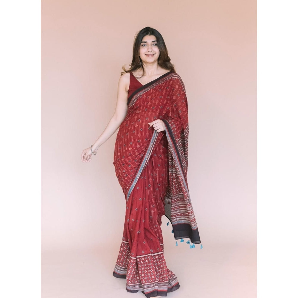 The Indian Ethnic Co. Red Aztec Ajrakh Hand Block Print Mul Saree with Unstitched Blouse