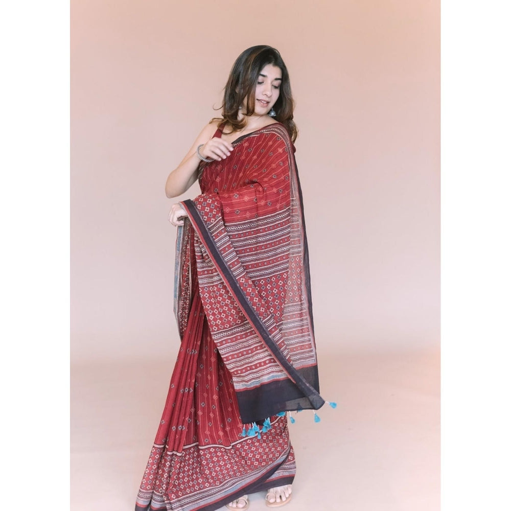 The Indian Ethnic Co. Red Aztec Ajrakh Hand Block Print Mul Saree with Unstitched Blouse
