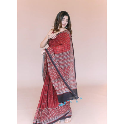 The Indian Ethnic Co. Red Aztec Ajrakh Hand Block Print Mul Saree with Unstitched Blouse