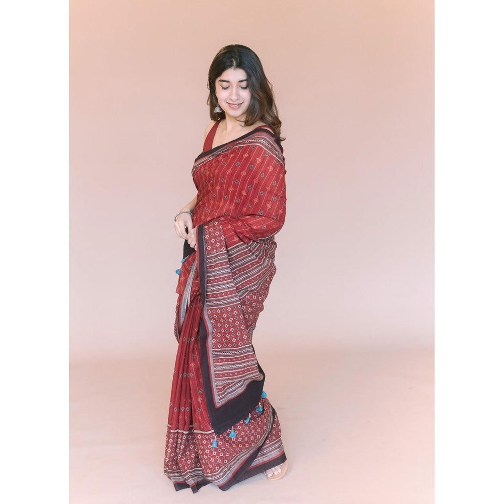 The Indian Ethnic Co. Red Aztec Ajrakh Hand Block Print Mul Saree with Unstitched Blouse