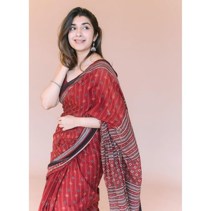The Indian Ethnic Co. Red Aztec Ajrakh Hand Block Print Mul Saree with Unstitched Blouse