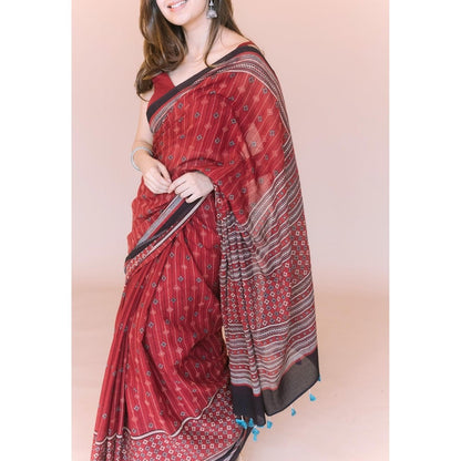 The Indian Ethnic Co. Red Aztec Ajrakh Hand Block Print Mul Saree with Unstitched Blouse