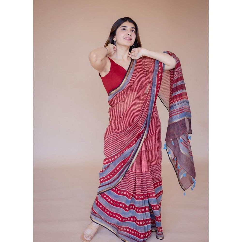 The Indian Ethnic Co. Red Print Chanderi Saree with Unstitched Blouse