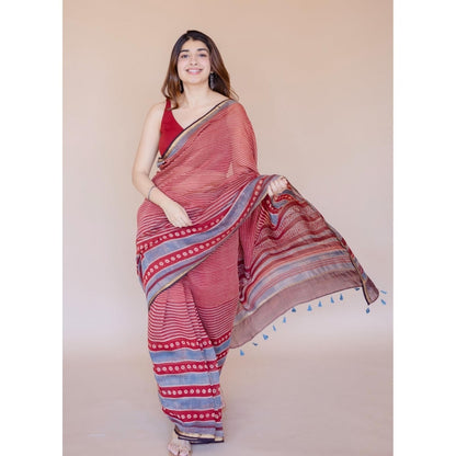 The Indian Ethnic Co. Red Print Chanderi Saree with Unstitched Blouse