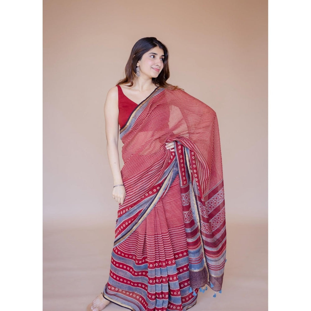 The Indian Ethnic Co. Red Print Chanderi Saree with Unstitched Blouse