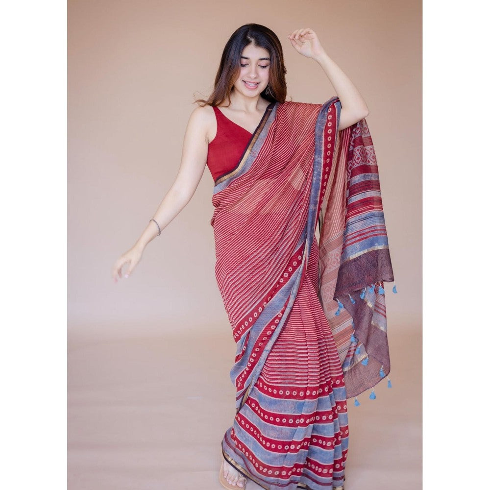 The Indian Ethnic Co. Red Print Chanderi Saree with Unstitched Blouse