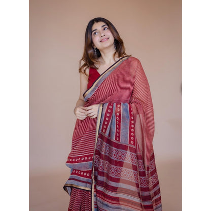 The Indian Ethnic Co. Red Print Chanderi Saree with Unstitched Blouse