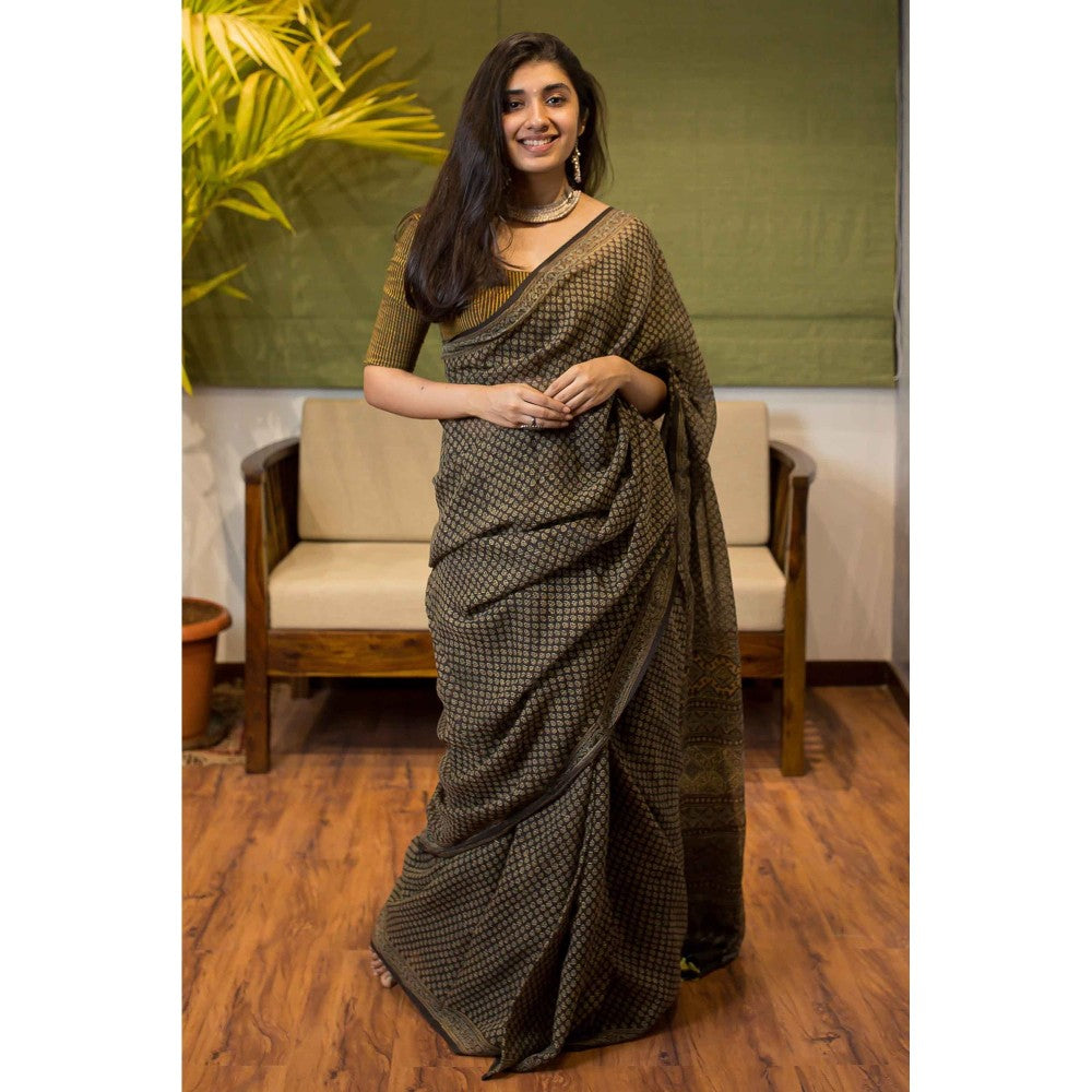 The Indian Ethnic Co. Ajrakh Brown Dyed Kota Doria Saree with Unstitched Blouse