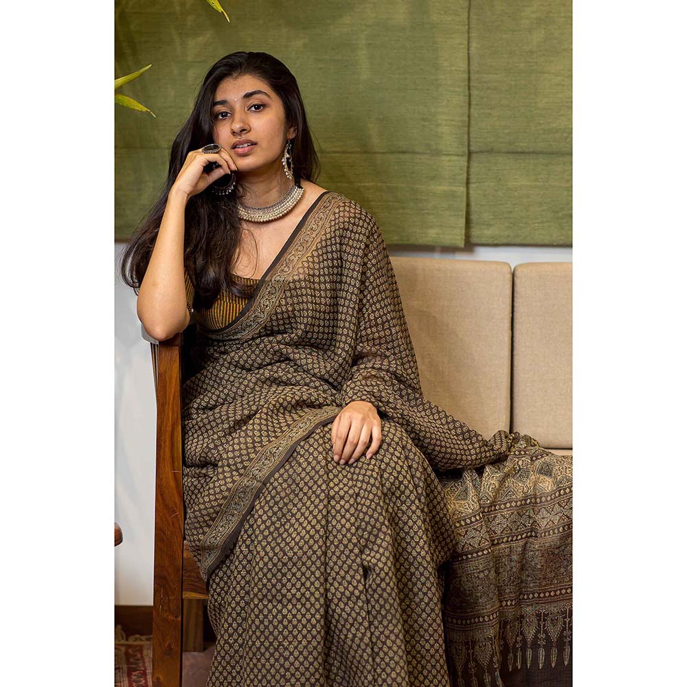 The Indian Ethnic Co. Ajrakh Brown Dyed Kota Doria Saree with Unstitched Blouse