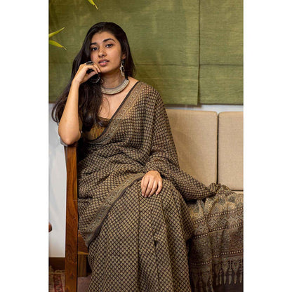 The Indian Ethnic Co. Ajrakh Brown Dyed Kota Doria Saree with Unstitched Blouse