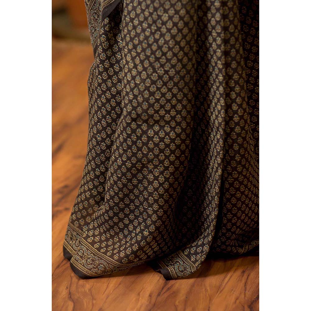 The Indian Ethnic Co. Ajrakh Brown Dyed Kota Doria Saree with Unstitched Blouse