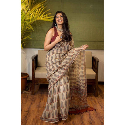 The Indian Ethnic Co. Ajrakh Natural Dyed Kota Doria Saree with Unstitched Blouse
