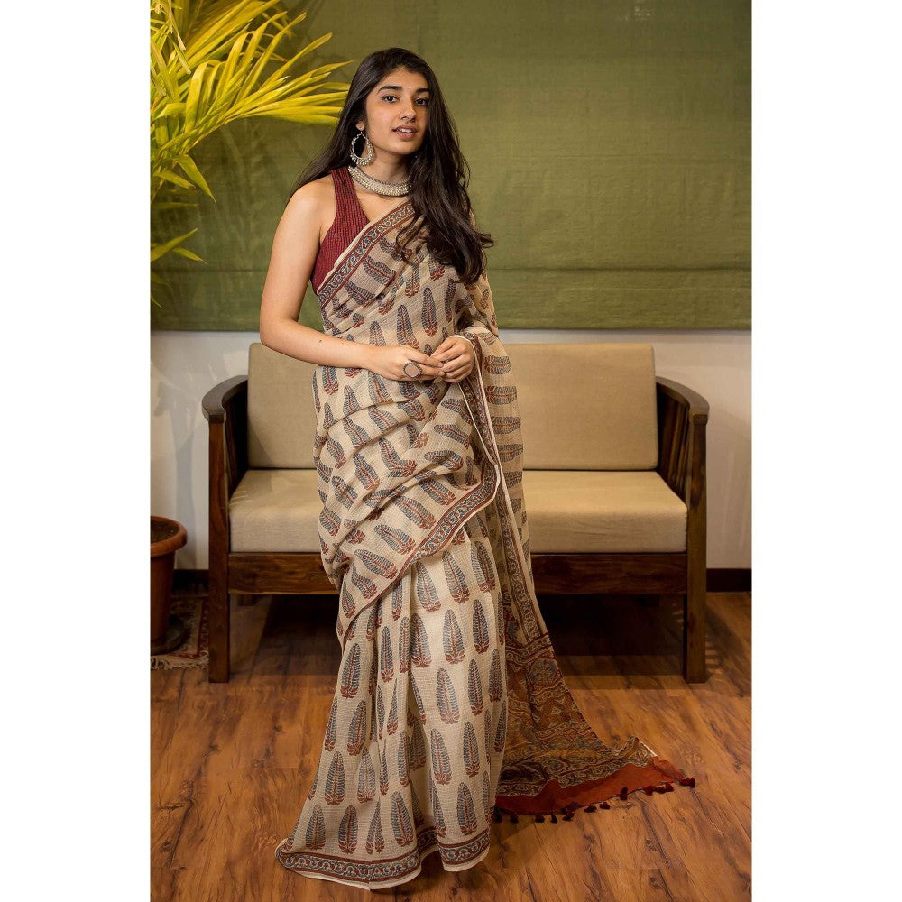 The Indian Ethnic Co. Ajrakh Natural Dyed Kota Doria Saree with Unstitched Blouse
