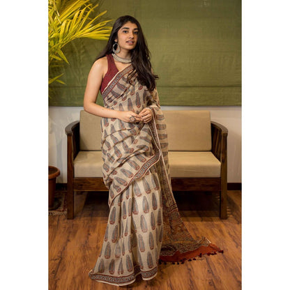 The Indian Ethnic Co. Ajrakh Natural Dyed Kota Doria Saree with Unstitched Blouse