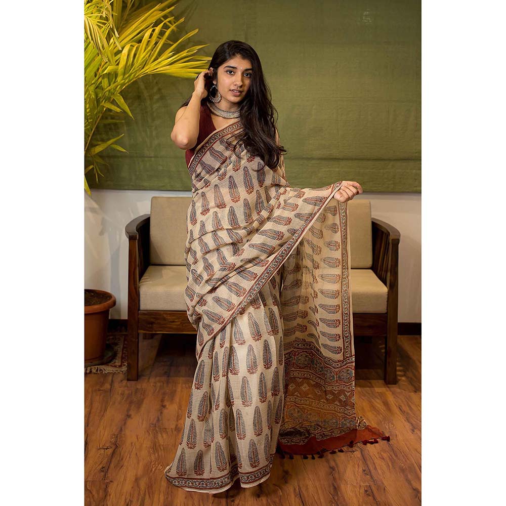 The Indian Ethnic Co. Ajrakh Natural Dyed Kota Doria Saree with Unstitched Blouse