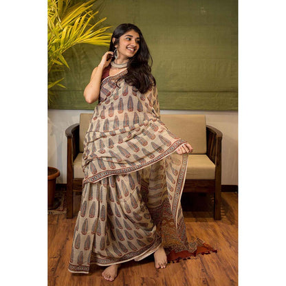 The Indian Ethnic Co. Ajrakh Natural Dyed Kota Doria Saree with Unstitched Blouse