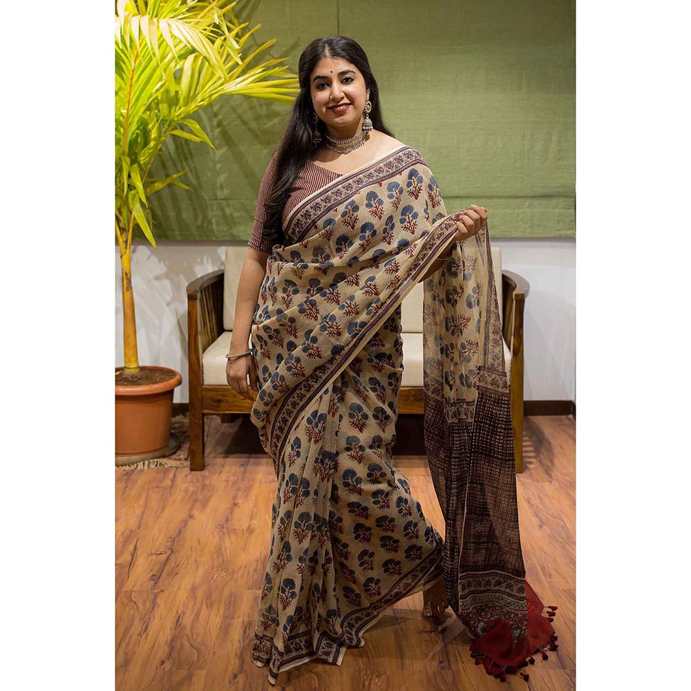 The Indian Ethnic Co. Ajrakh Natural Dyed Kota Doria Saree with Unstitched Blouse