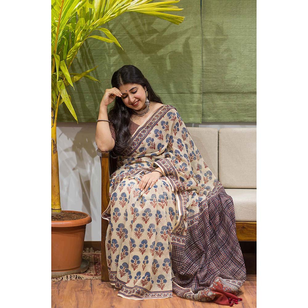 The Indian Ethnic Co. Ajrakh Natural Dyed Kota Doria Saree with Unstitched Blouse