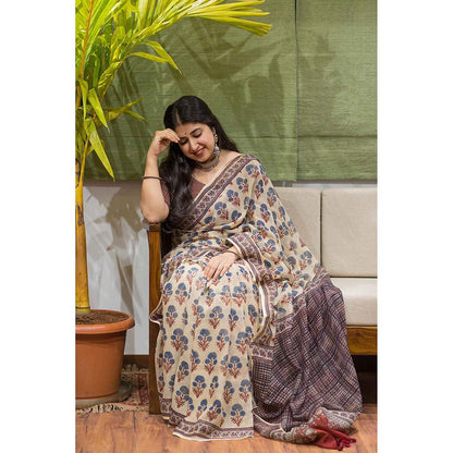 The Indian Ethnic Co. Ajrakh Natural Dyed Kota Doria Saree with Unstitched Blouse
