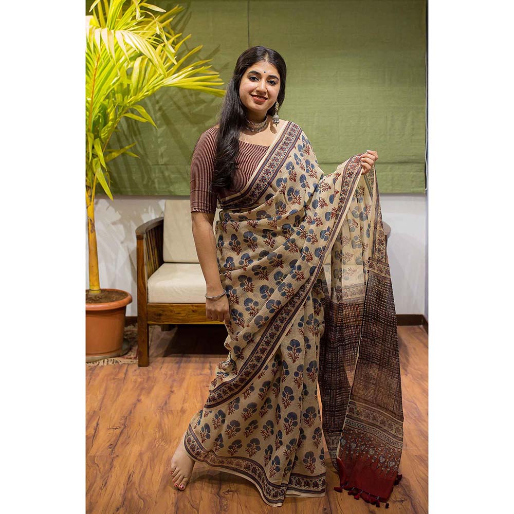 The Indian Ethnic Co. Ajrakh Natural Dyed Kota Doria Saree with Unstitched Blouse