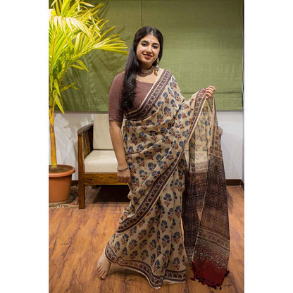 The Indian Ethnic Co. Ajrakh Natural Dyed Kota Doria Saree with Unstitched Blouse