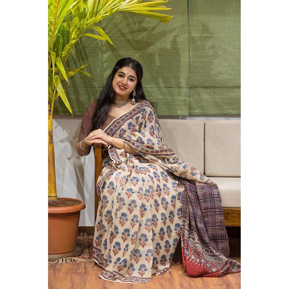 The Indian Ethnic Co. Ajrakh Natural Dyed Kota Doria Saree with Unstitched Blouse