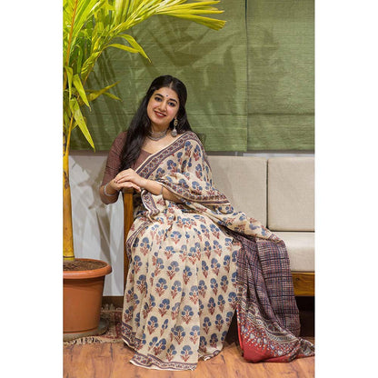 The Indian Ethnic Co. Ajrakh Natural Dyed Kota Doria Saree with Unstitched Blouse