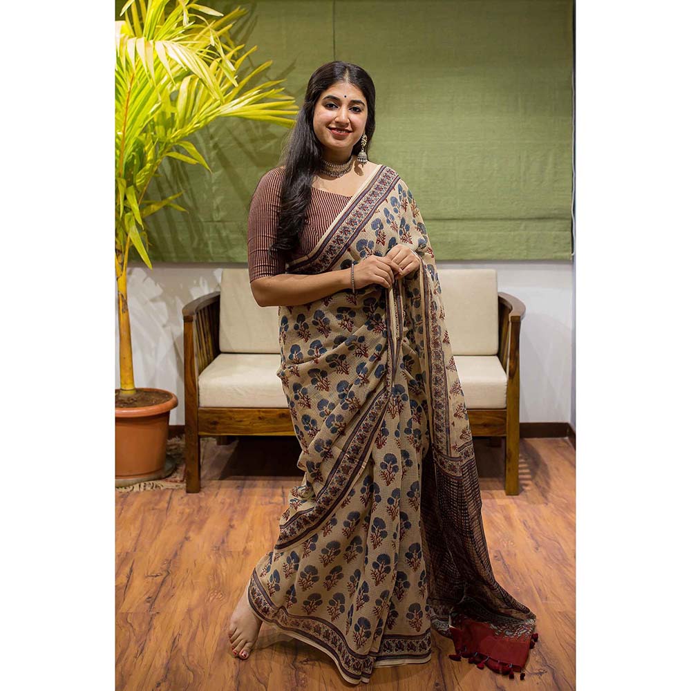 The Indian Ethnic Co. Ajrakh Natural Dyed Kota Doria Saree with Unstitched Blouse