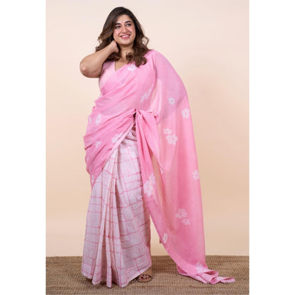 The Indian Ethnic Co. Parisa Pink Batik Hand Block Print Mul Cotton Saree Without Blouse