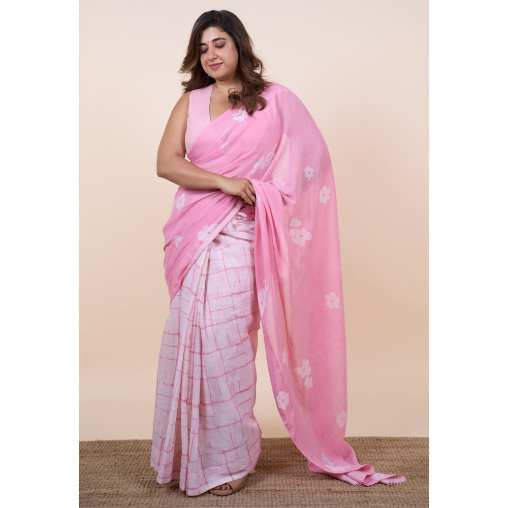 The Indian Ethnic Co. Parisa Pink Batik Hand Block Print Mul Cotton Saree Without Blouse