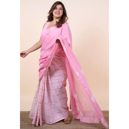 The Indian Ethnic Co. Parisa Pink Batik Hand Block Print Mul Cotton Saree Without Blouse