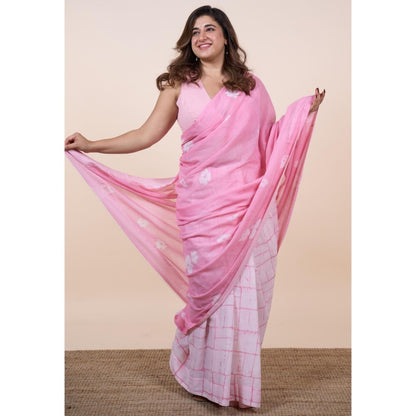 The Indian Ethnic Co. Parisa Pink Batik Hand Block Print Mul Cotton Saree Without Blouse