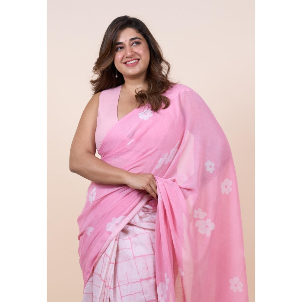 The Indian Ethnic Co. Parisa Pink Batik Hand Block Print Mul Cotton Saree Without Blouse