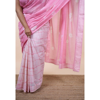 The Indian Ethnic Co. Parisa Pink Batik Hand Block Print Mul Cotton Saree Without Blouse