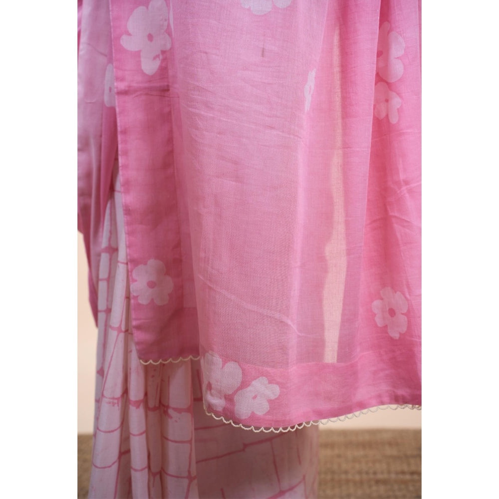 The Indian Ethnic Co. Parisa Pink Batik Hand Block Print Mul Cotton Saree Without Blouse