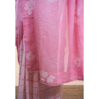 The Indian Ethnic Co. Parisa Pink Batik Hand Block Print Mul Cotton Saree Without Blouse