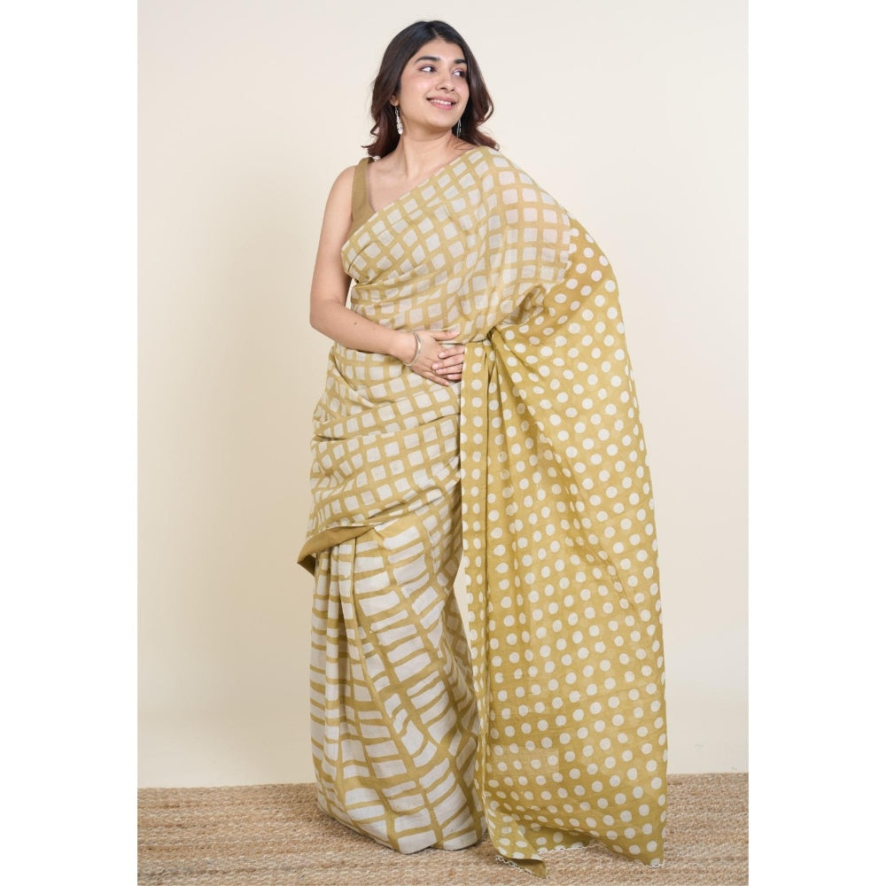 The Indian Ethnic Co. Urooj Khaki Batik Hand Block Print Mul Cotton Saree Without Blouse